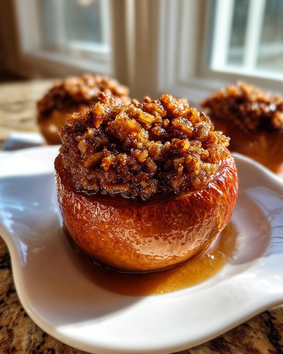 A close-up of a single, glistening baked apple topped with a rich, brown sugar and nut crumble filling.