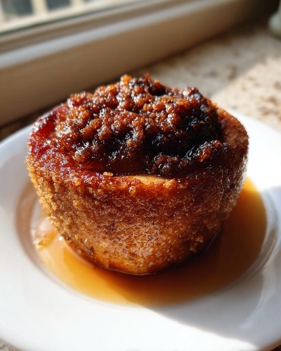 Close-up of a single serving of baked apples topped with rich, dark brown sugar crumble and caramel sauce.