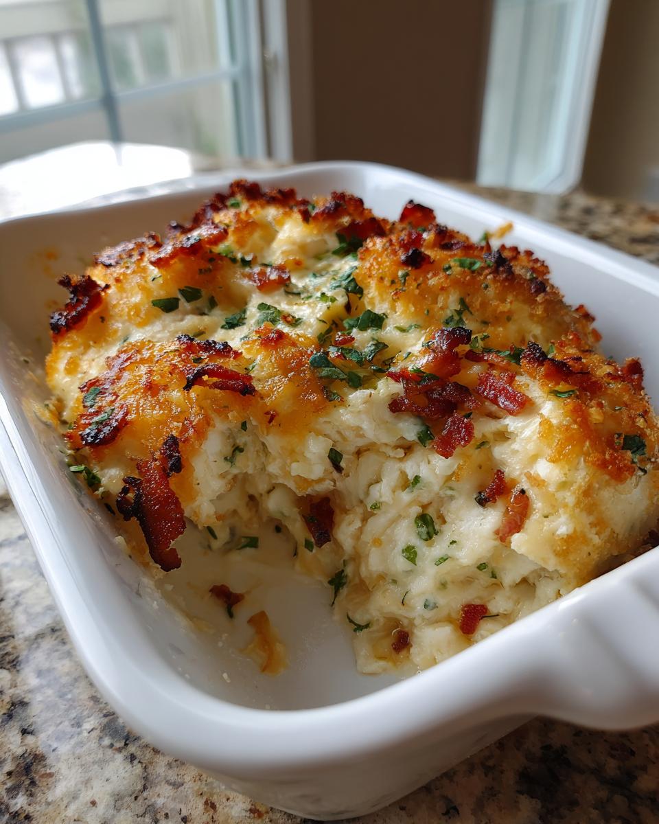 A scoop is taken out of a baked popper dip, showing the creamy interior topped with golden crust and bacon bits.
