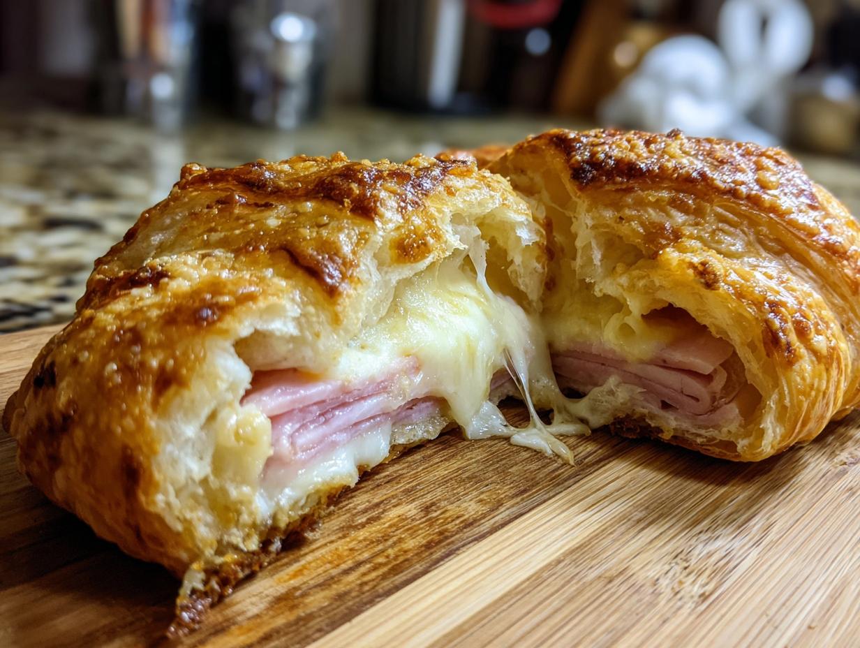 Close-up of a baked ham and cheese croissant cut in half, showing layers of ham and gooey, melted cheese.