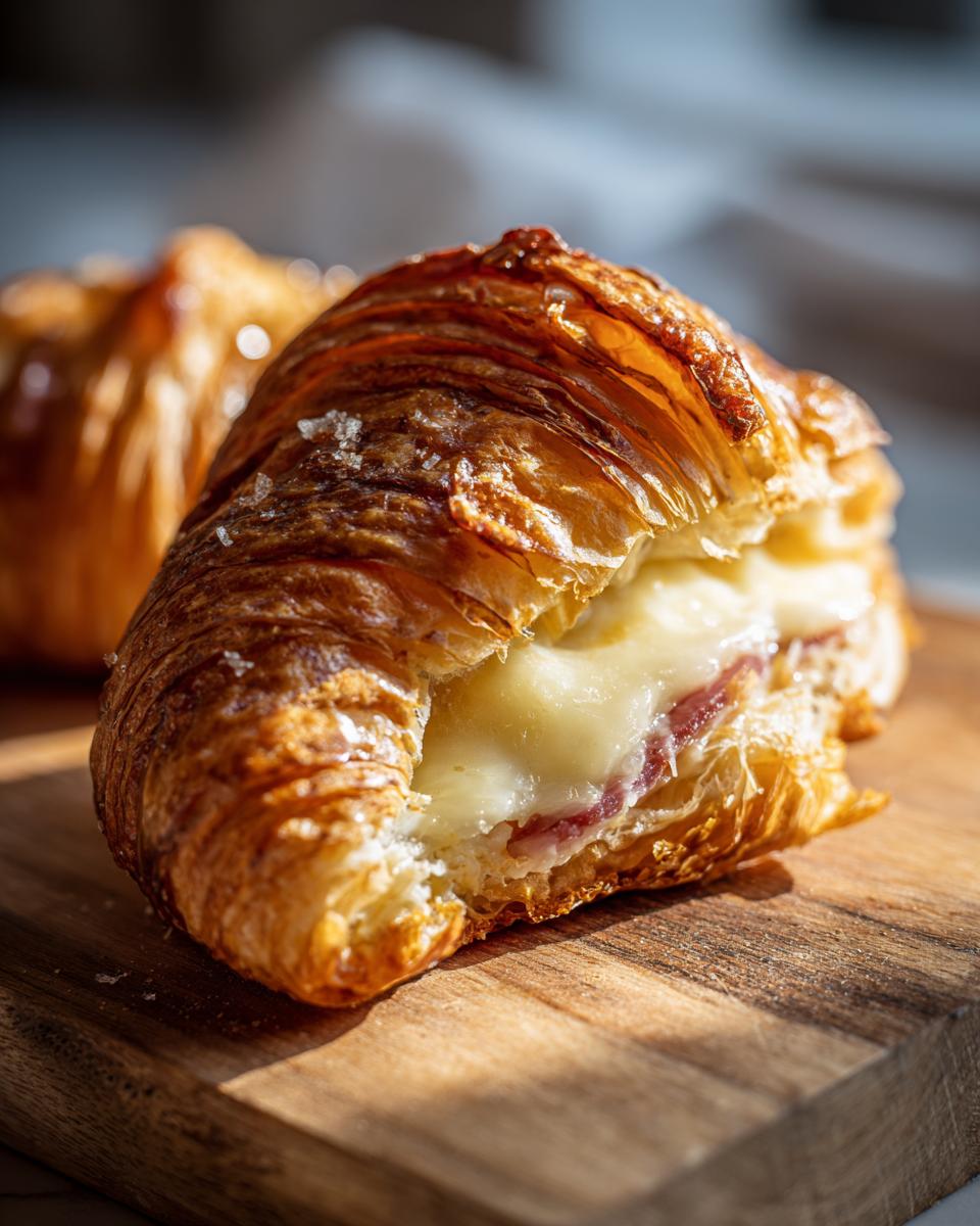Close-up of a golden brown baked ham and cheese croissant, oozing melted cheese, resting on a wooden board.