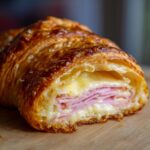 Close-up of a baked ham and cheese croissant cut open, showing layers of ham and gooey melted cheese.