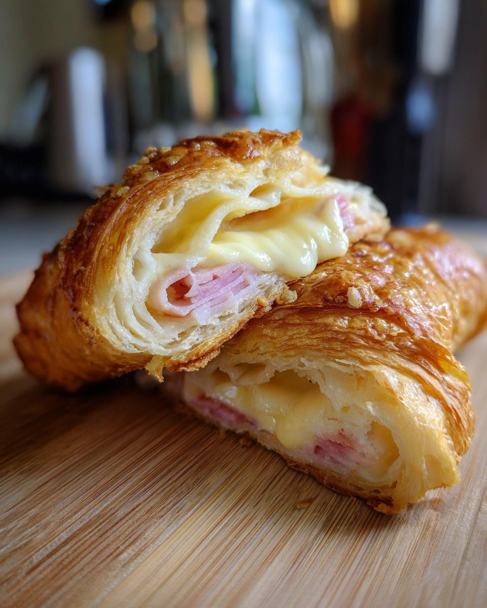Close-up of a baked ham and cheese croissant cut in half showing melted cheese oozing over layers of ham.