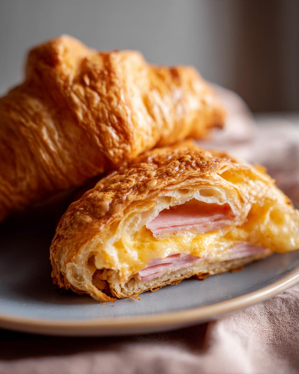 A close-up of a baked ham and cheese croissant cut in half, showing melted cheese and layers of ham inside the flaky pastry.