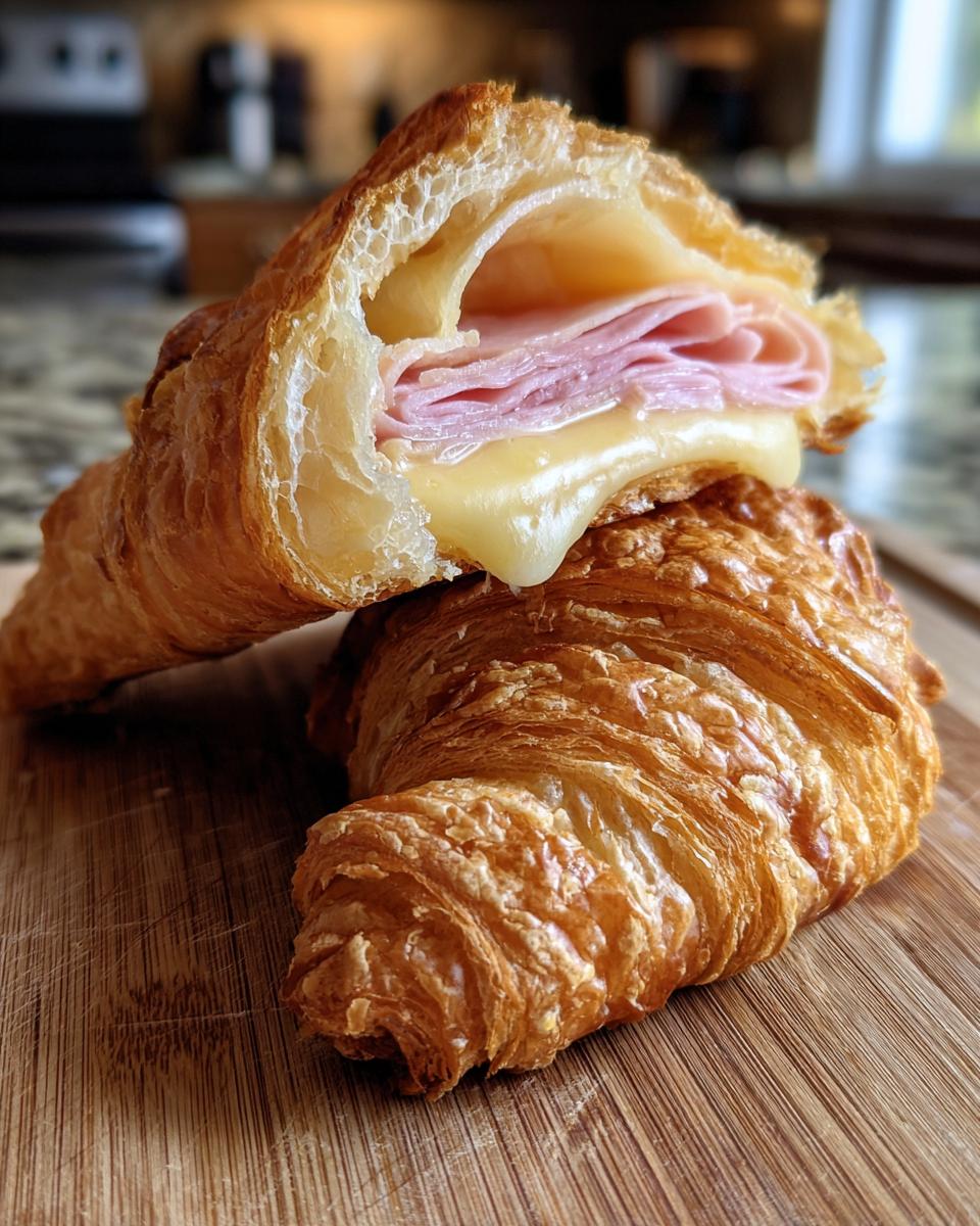 Close-up of baked ham and cheese croissants, one cut open showing melted cheese oozing over layers of ham.