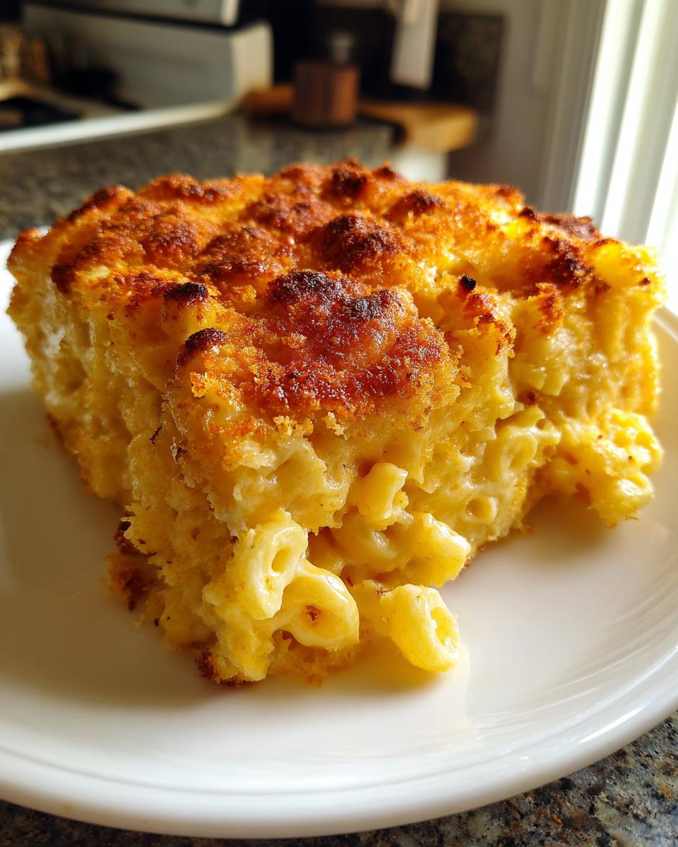 A close-up of a square serving of creamy baked mac and cheese recipe with a golden, crunchy topping.