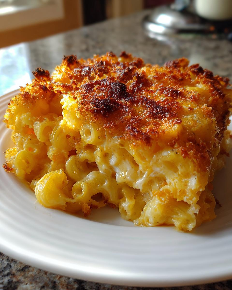 A close-up of a square serving of baked mac and cheese recipe with a dark, crispy, golden-brown topping.