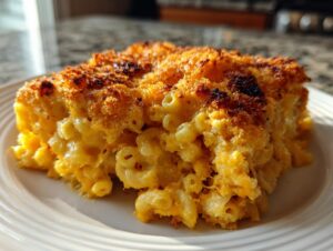 A close-up of a hearty slice of baked mac and cheese recipe with a golden, crispy topping.