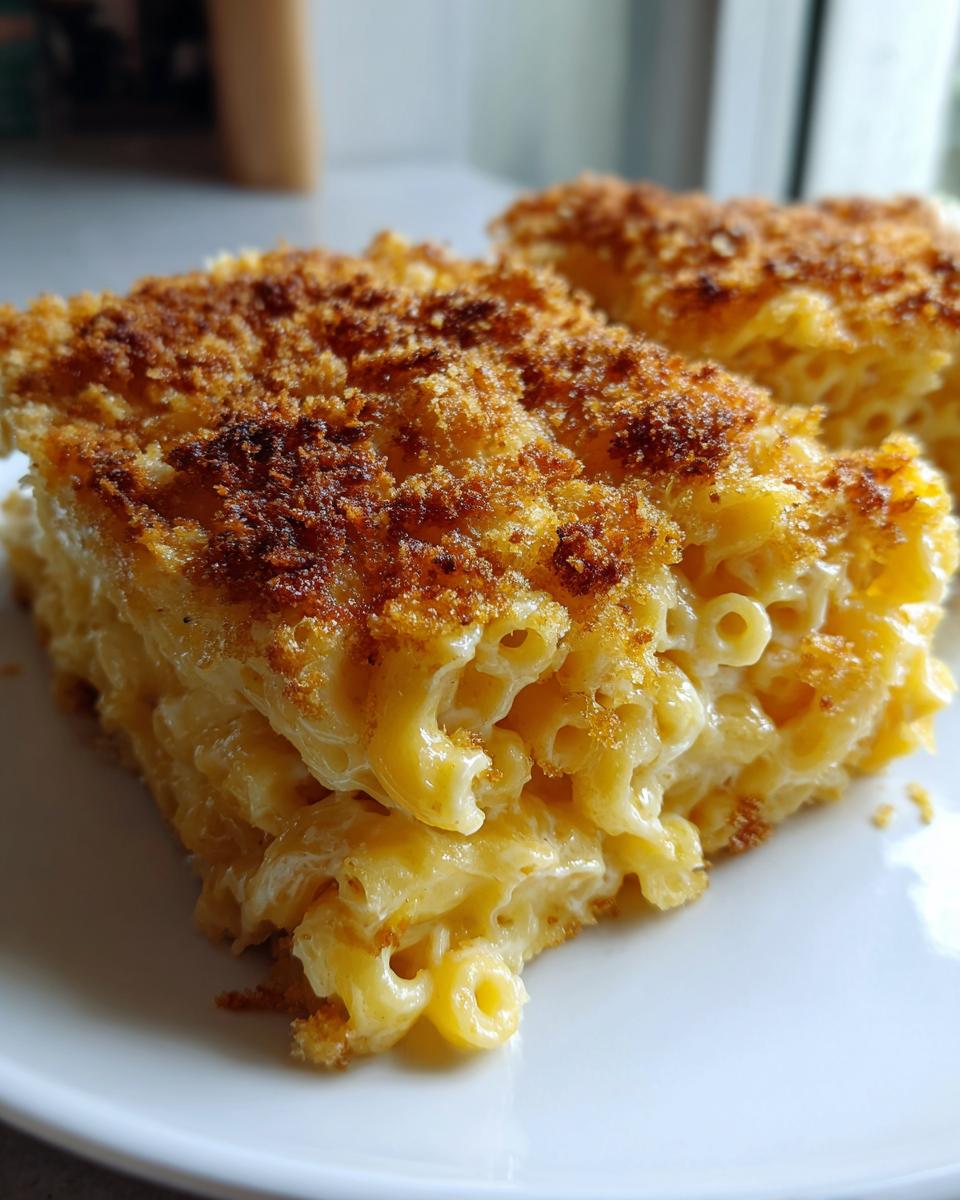 Close-up of a square portion of creamy baked mac and cheese recipe with a golden brown, crunchy breadcrumb topping.