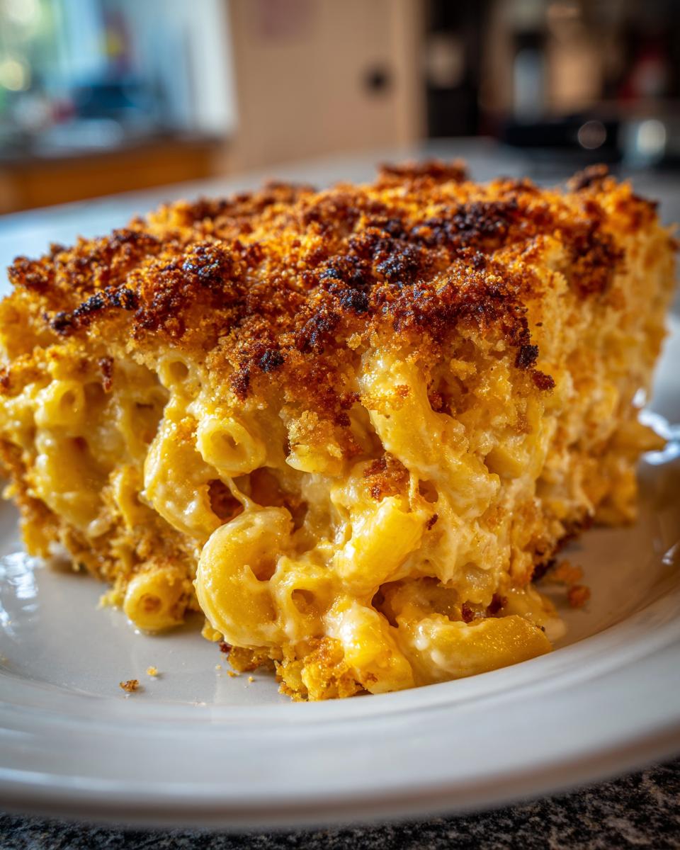 Close-up of a generous serving of baked mac and cheese recipe with creamy pasta and a dark, crispy breadcrumb topping.