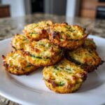 A stack of golden brown baked parmesan zucchini bites topped with herbs on a white plate.