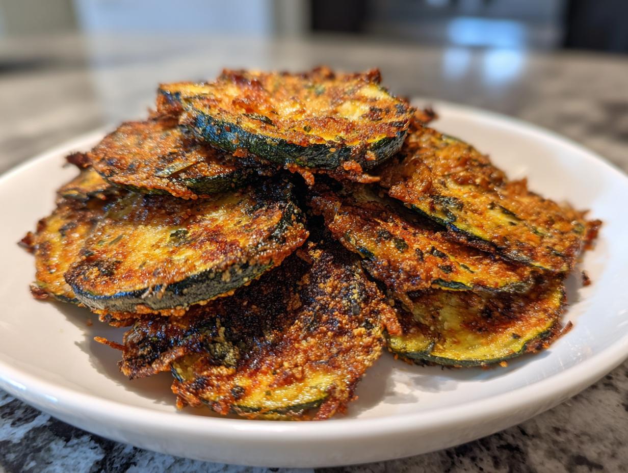 A close-up of crispy, golden-brown baked parmesan zucchini slices piled high on a white dish.