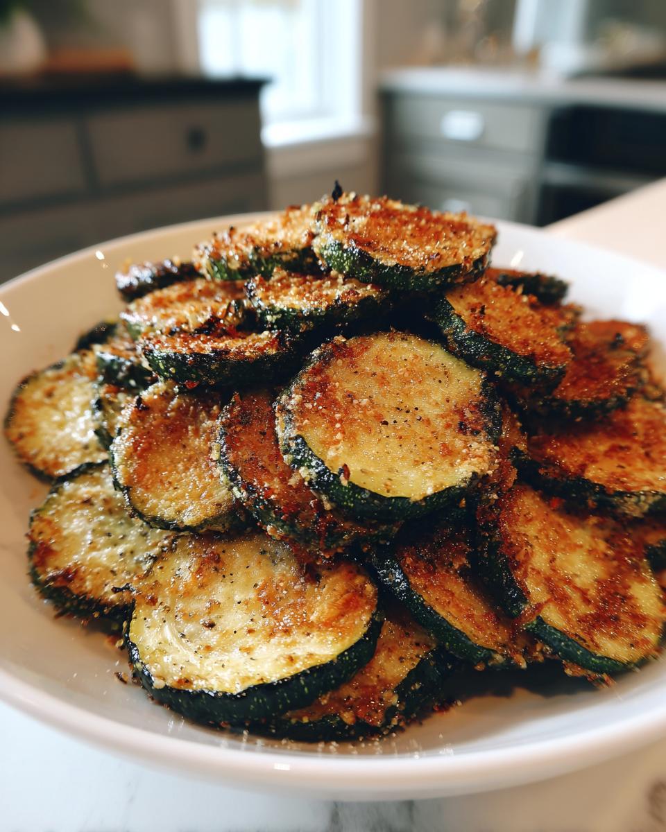 A close-up of a white bowl piled high with crispy, golden-brown baked parmesan zucchini slices.