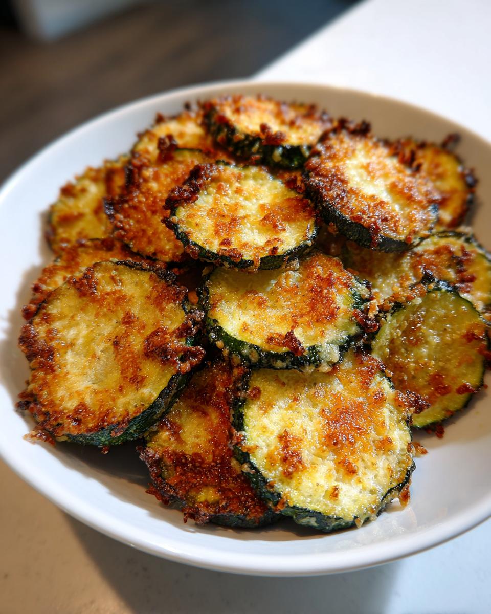 Close-up of crispy, golden baked parmesan zucchini slices piled high in a white bowl.