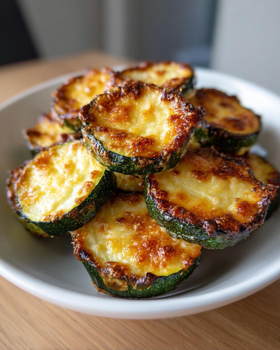Close-up of several rounds of baked parmesan zucchini stacked in a white bowl, featuring golden-brown, melted cheese topping.