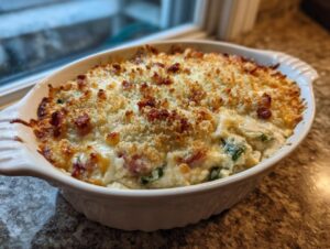 A close-up of a baked popper dip in a white oval dish, featuring a golden, crispy breadcrumb and bacon topping.