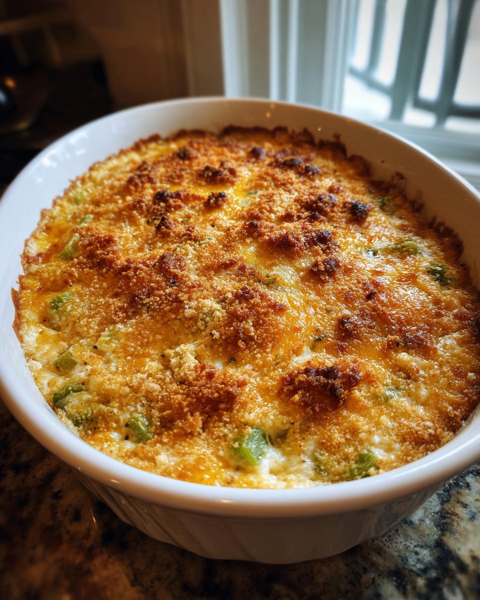 A freshly baked popper dip in a white oval dish, featuring a golden, cheesy crust and visible green pepper pieces.