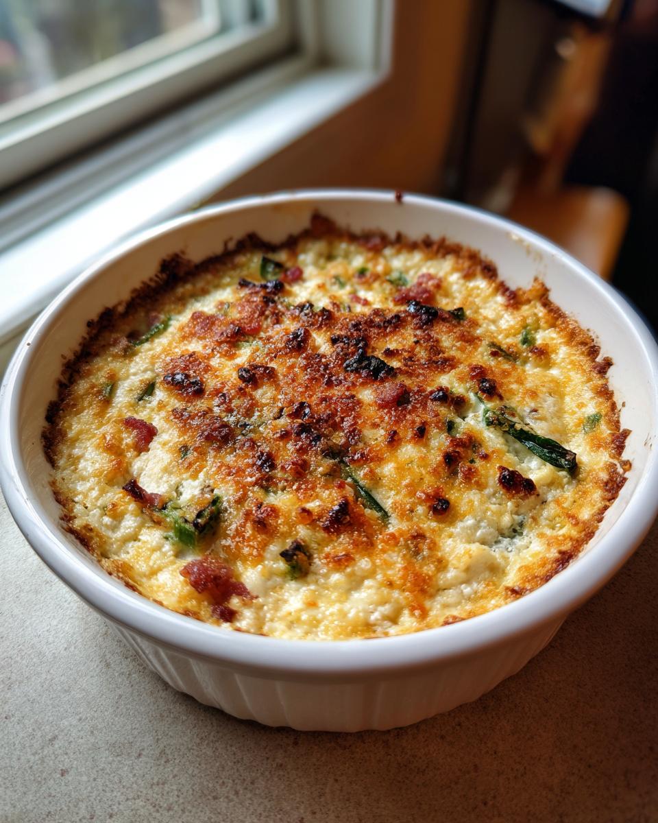 A freshly baked, cheesy popper dip with browned topping and visible green peppers and bacon bits in a white dish.
