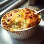 Close-up of a creamy, baked popper dip served hot in a white ramekin with a golden, cheesy, bacon-topped crust.