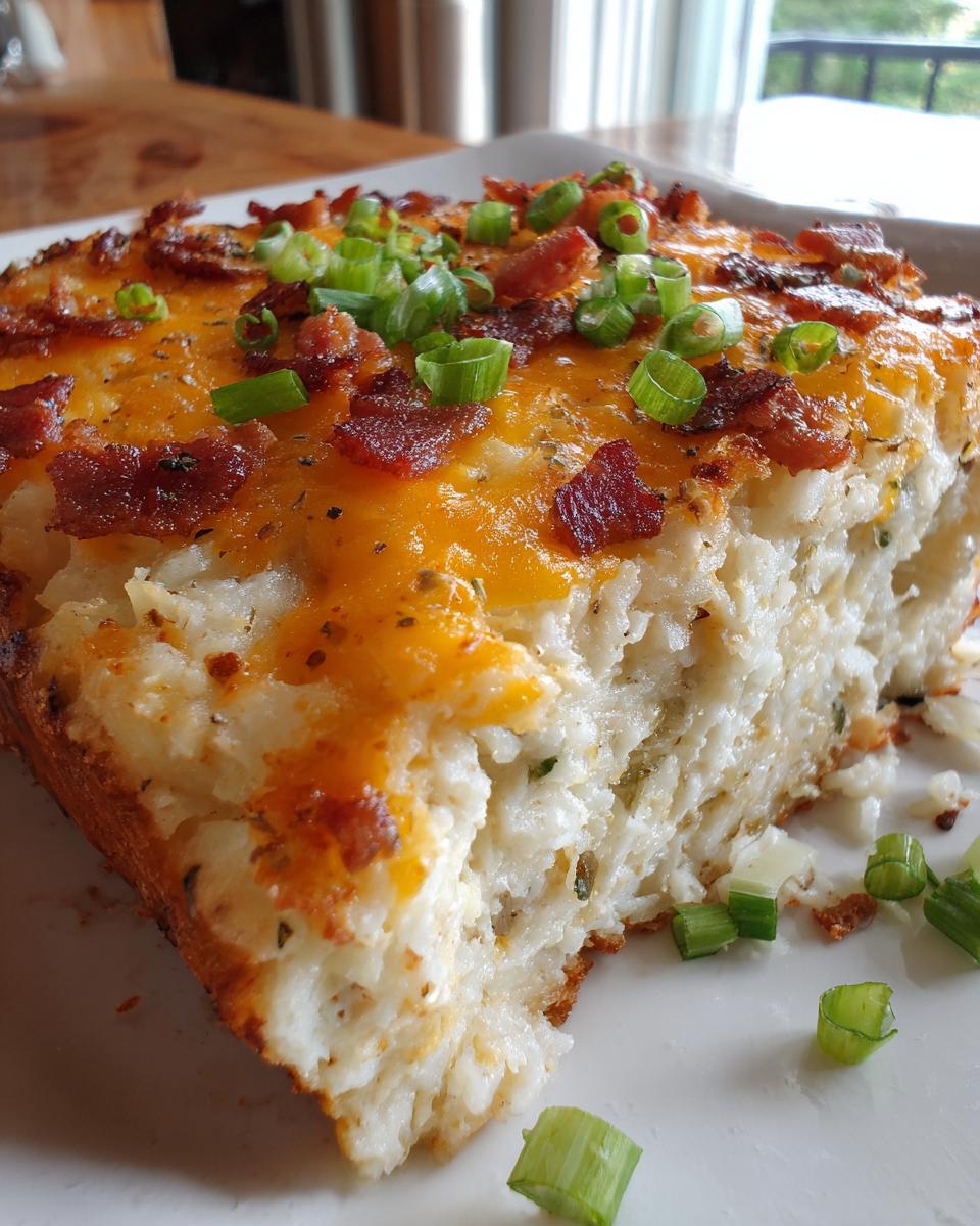 Close-up of a thick slice of baked potato casserole topped with melted cheddar, bacon bits, and green onions.