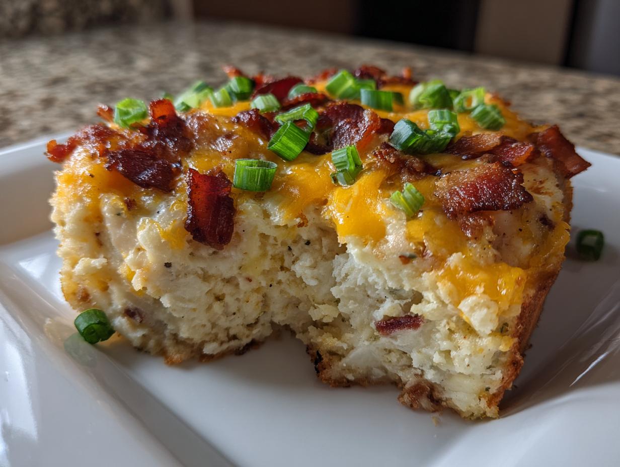 A close-up of a serving of baked potato casserole topped with melted cheddar, bacon bits, and green onions.