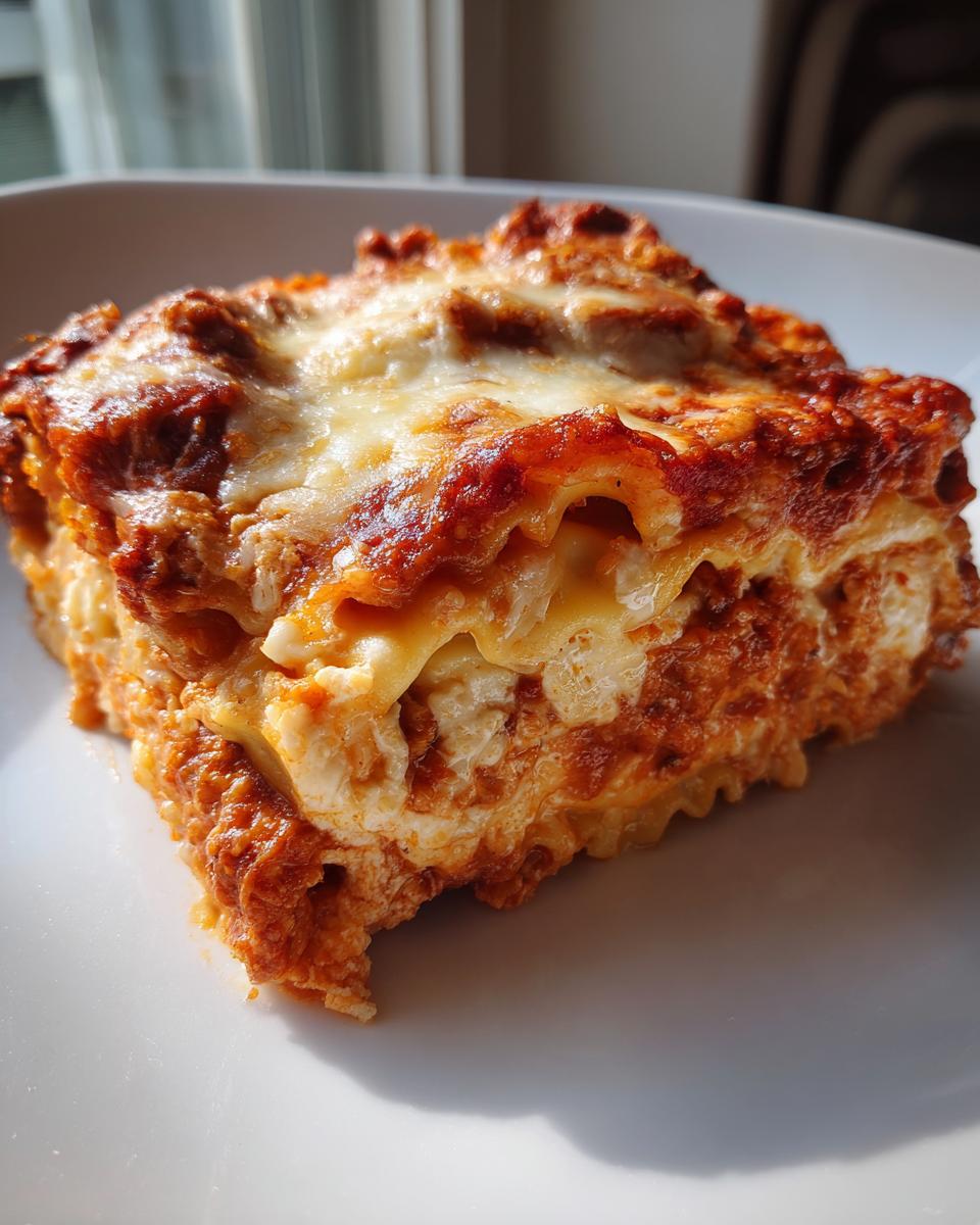 Close-up of a baked slice of ravioli lasagna with melted cheese and rich tomato sauce.