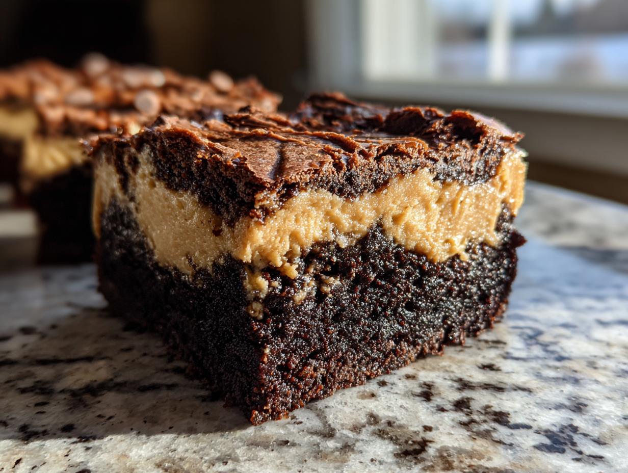 A thick, fudgy slice of banana bread brownies featuring a distinct peanut butter swirl layer.