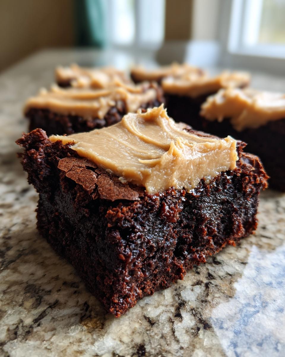 Close-up of a fudgy banana bread brownies square topped with creamy peanut butter frosting.