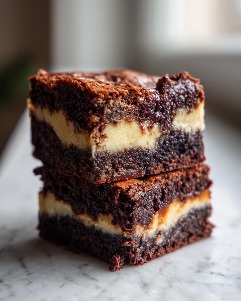 Two stacked squares of fudgy banana bread brownies featuring a visible cream cheese layer.