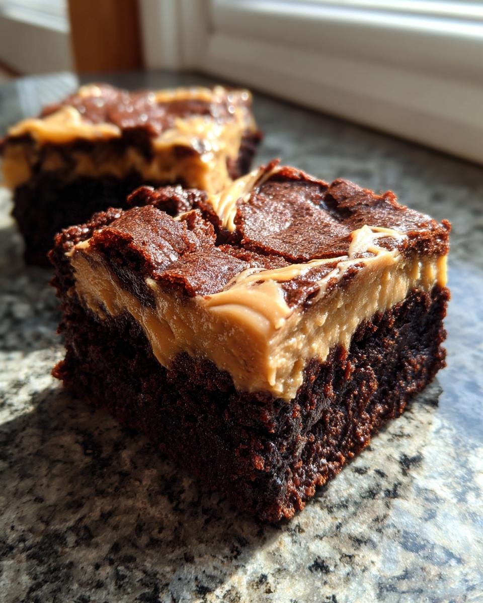 A close-up of a rich, dark chocolate banana bread brownies square topped with a peanut butter swirl.