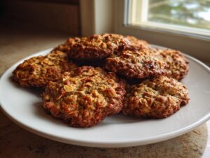 A stack of golden brown banana oatmeal cookies piled high on a white plate near a window.