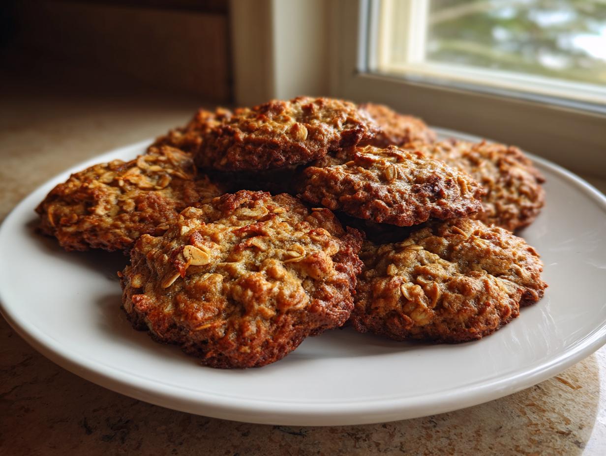 A stack of golden brown banana oatmeal cookies piled high on a white plate near a window.