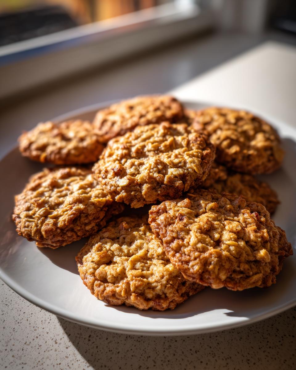 A stack of golden brown banana oatmeal cookies resting on a light gray plate near a window.
