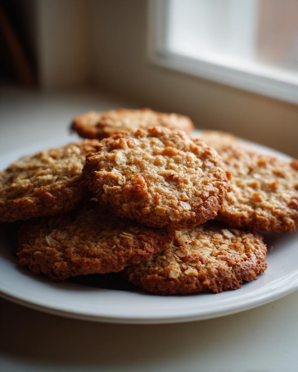 A close-up stack of freshly baked banana oatmeal cookies resting on a white plate near a window.