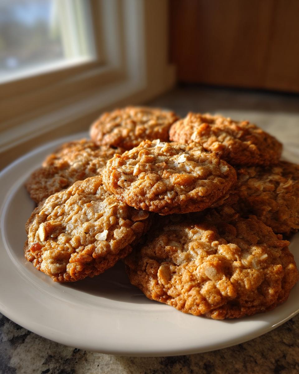 A stack of golden brown banana oatmeal cookies piled high on a white plate near a sunlit window.