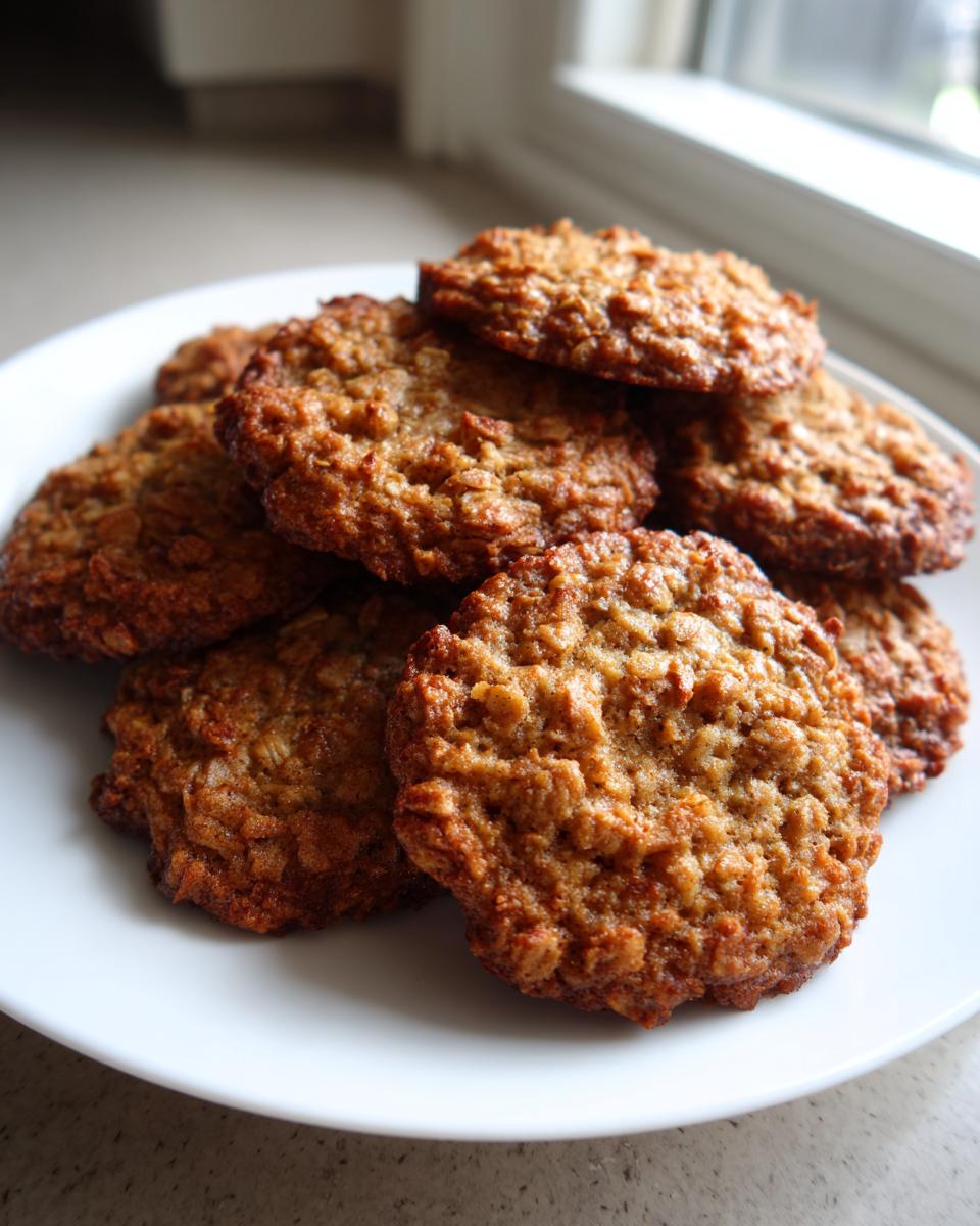 A close-up of several golden brown banana oatmeal cookies stacked on a white plate near a window.