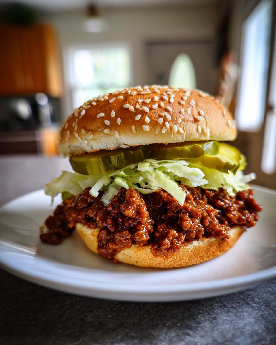 A close-up of delicious big mac sloppy joes piled high with sauce, lettuce, and pickles on a sesame seed bun.