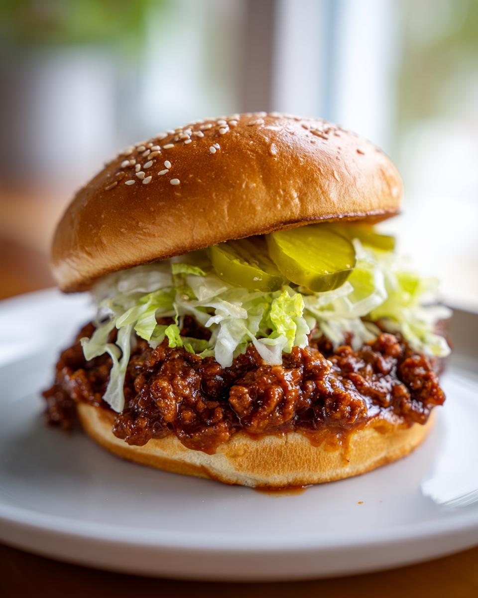 A close-up of a delicious big mac sloppy joes sandwich piled high with meat sauce, shredded lettuce, and pickles on a sesame seed bun.