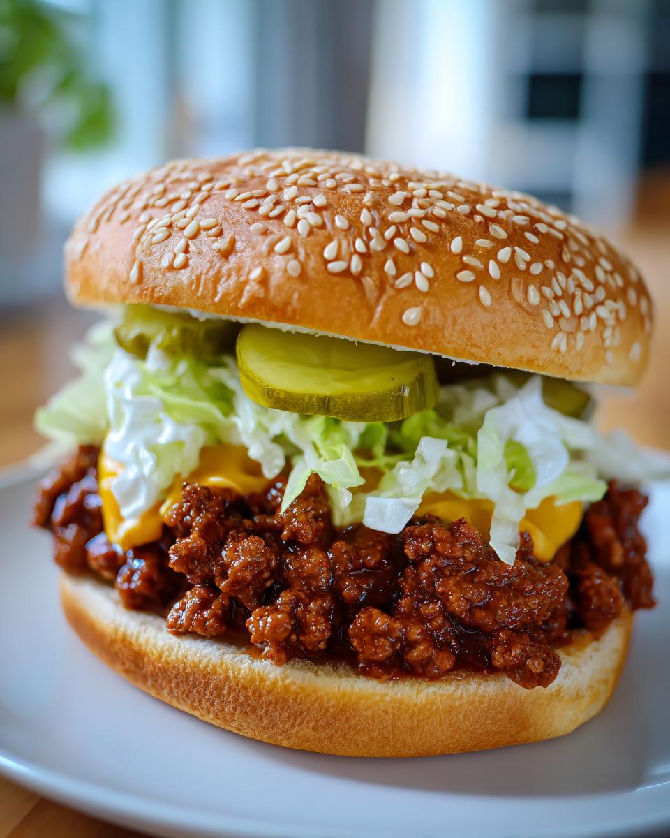 A close-up of a fully assembled big mac sloppy joes featuring ground meat, cheese, lettuce, pickles, and sauce on a sesame seed bun.