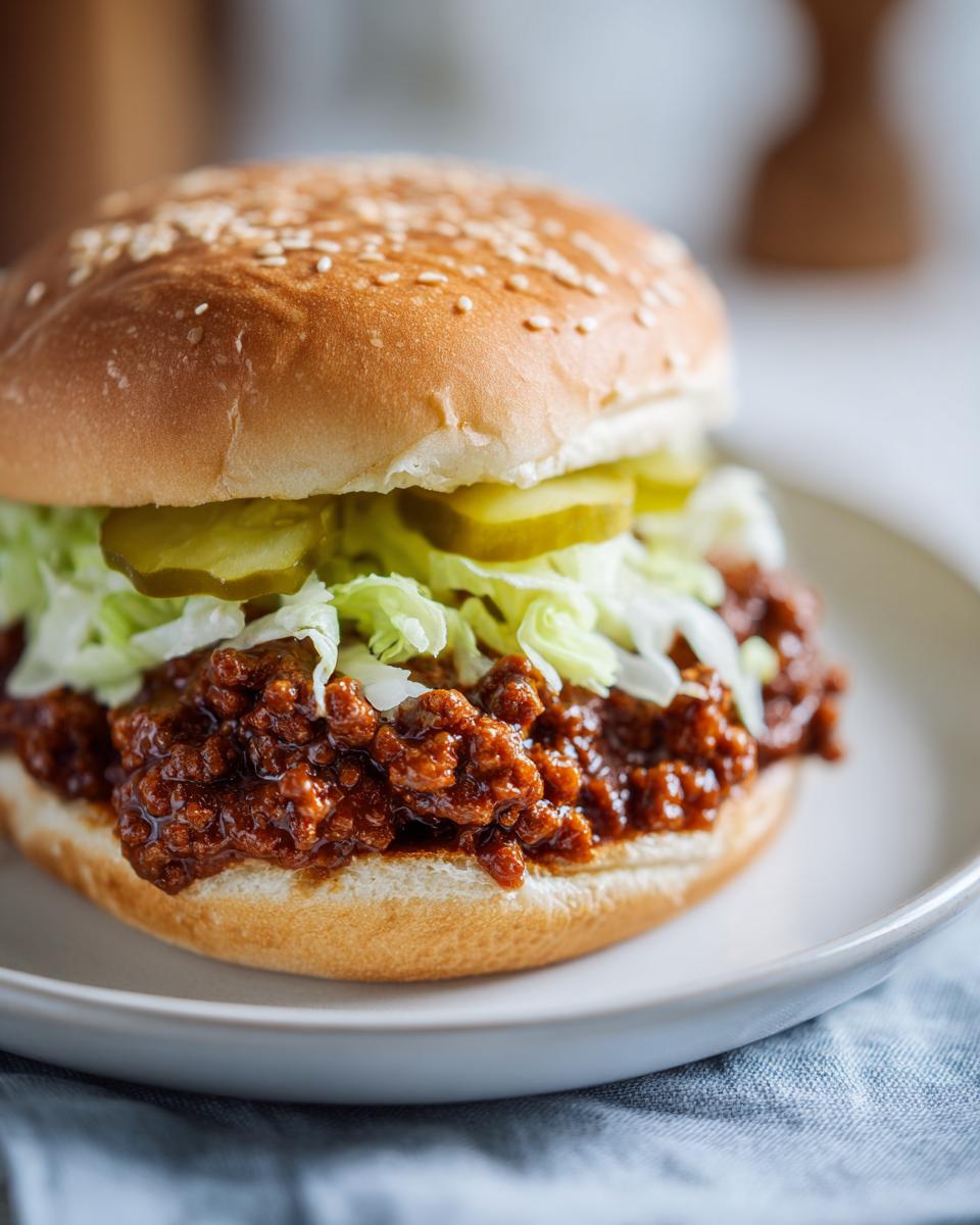 Close-up of a big mac sloppy joes sandwich piled high with meat sauce, shredded lettuce, and pickles on a sesame bun.