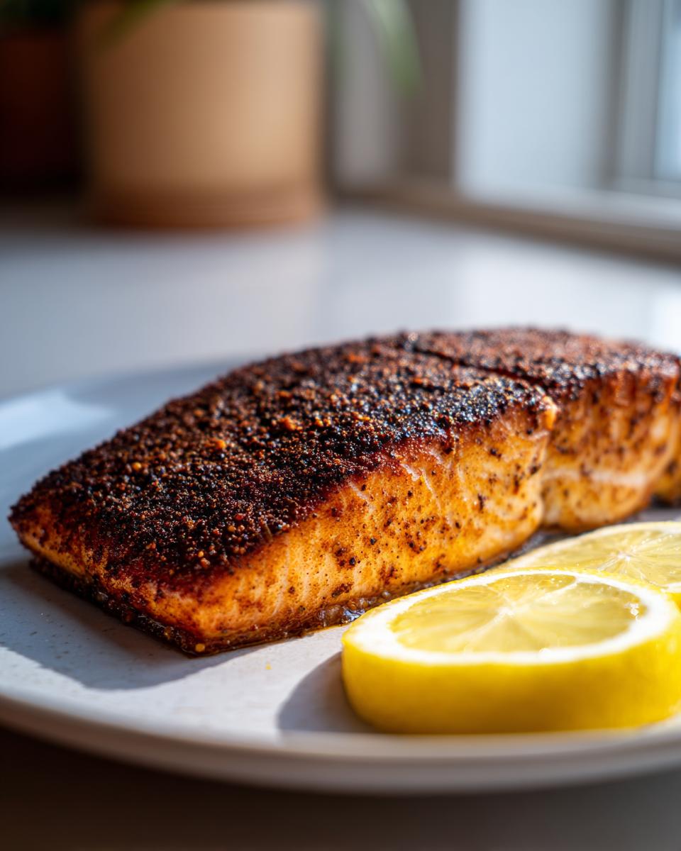 A close-up of a perfectly cooked blackened salmon fillet served with bright lemon slices.