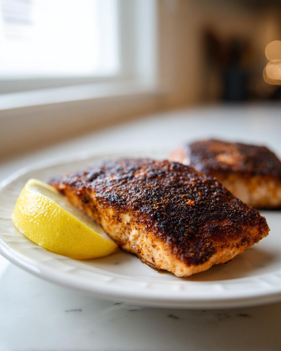 Close-up of a perfectly cooked blackened salmon fillet garnished with a fresh lemon wedge on a white plate.
