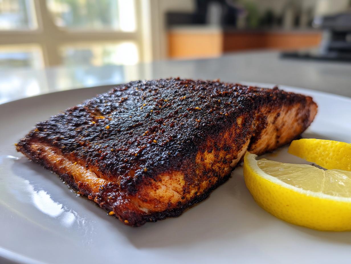 A close-up of a perfectly cooked blackened salmon fillet seasoned with spices, served with lemon wedges on a white plate.