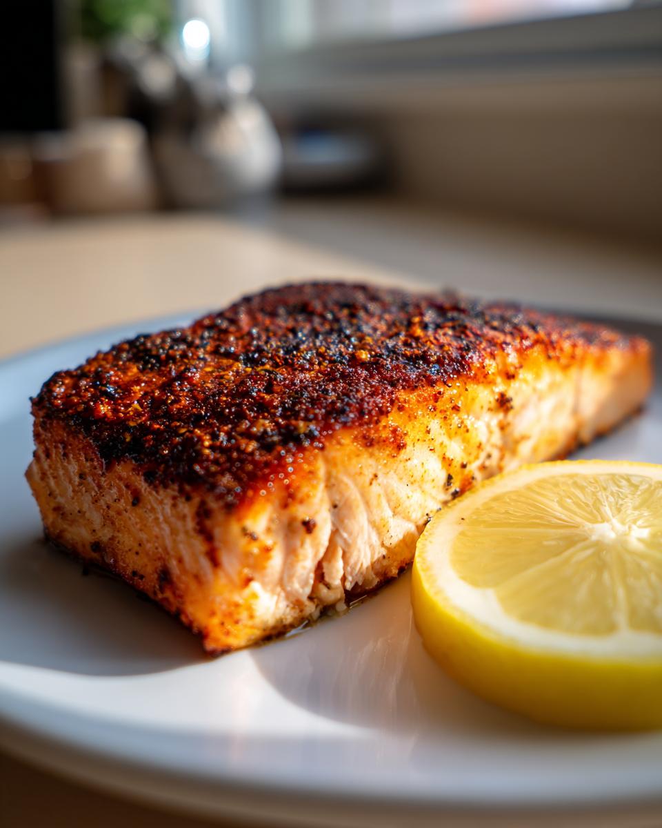 Close-up of a perfectly cooked piece of blackened salmon on a white plate next to a bright lemon slice.