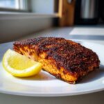 A perfectly cooked fillet of blackened salmon served on a white plate next to a bright yellow lemon wedge.