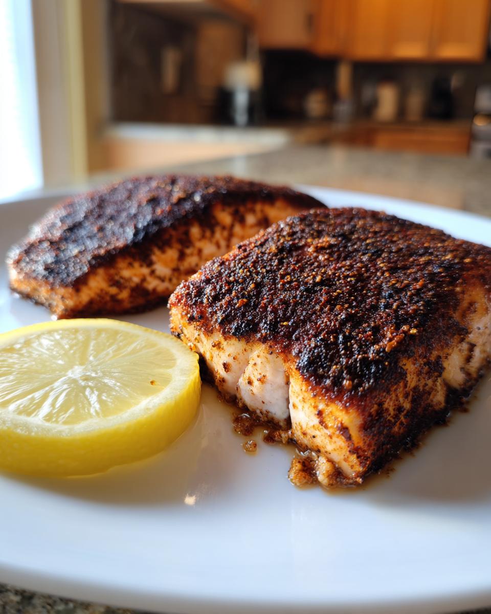 Close-up of two perfectly cooked portions of blackened salmon served on a white plate with a fresh lemon slice.