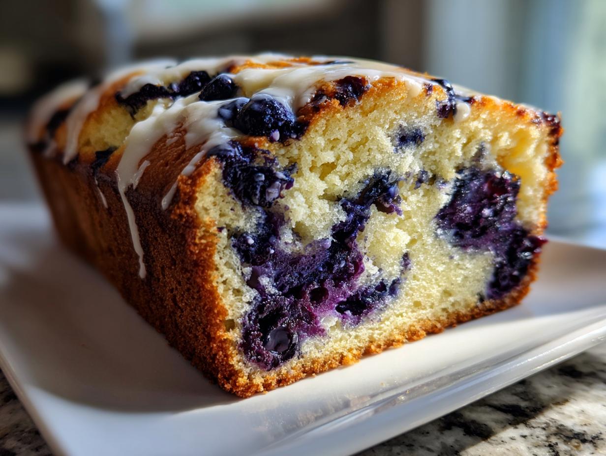 Close-up of a freshly baked Blueberry Cream Cheese Bread loaf with a sweet white glaze drizzled on top.