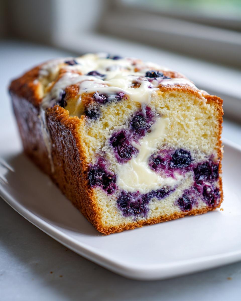 A golden-brown loaf of Blueberry Cream Cheese Bread, sliced to show the swirl of cream cheese and burst blueberries inside.