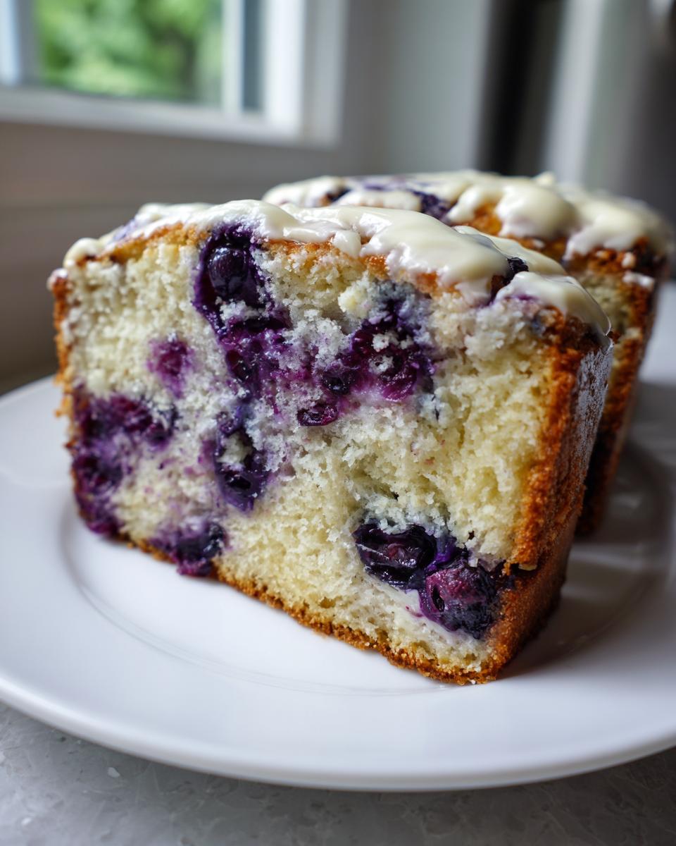 Close-up of two slices of moist Blueberry Cream Cheese Bread topped with a thick cream cheese glaze.