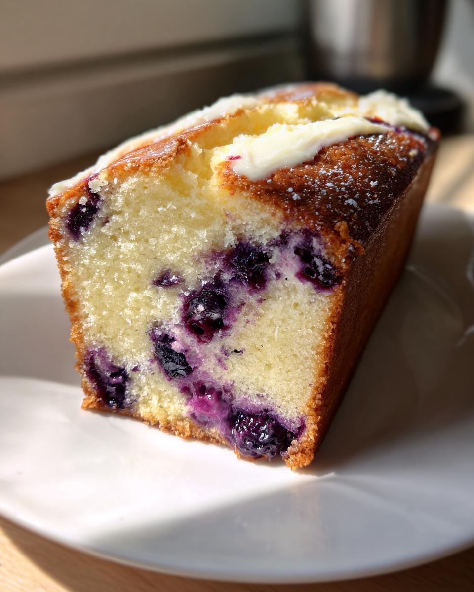 Close-up of a moist slice of Blueberry Cream Cheese Bread showing baked-in blueberries and cream cheese swirl topping.
